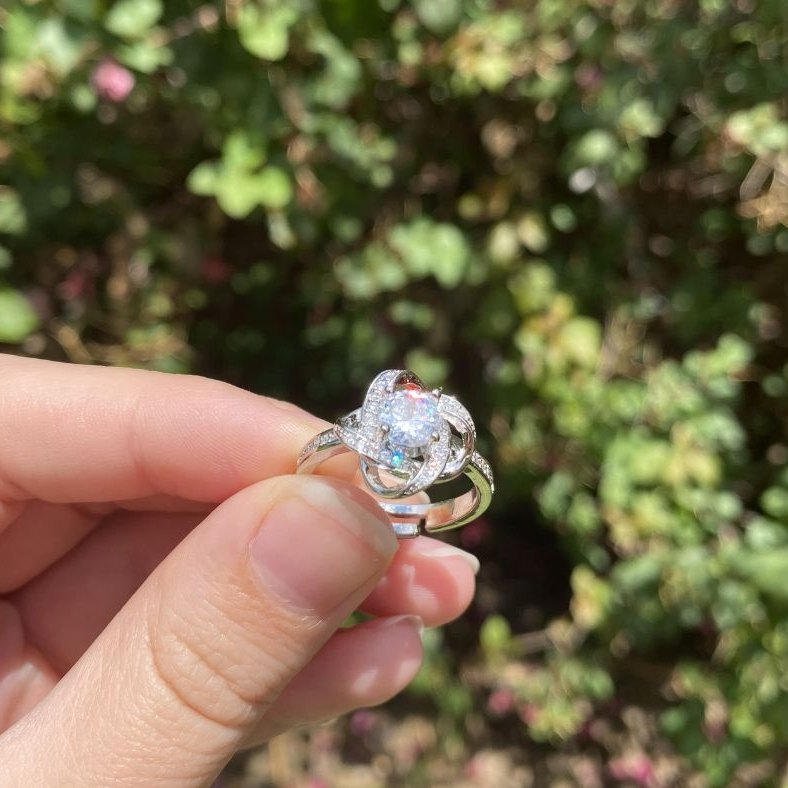The knot ring held up to the light in a garden